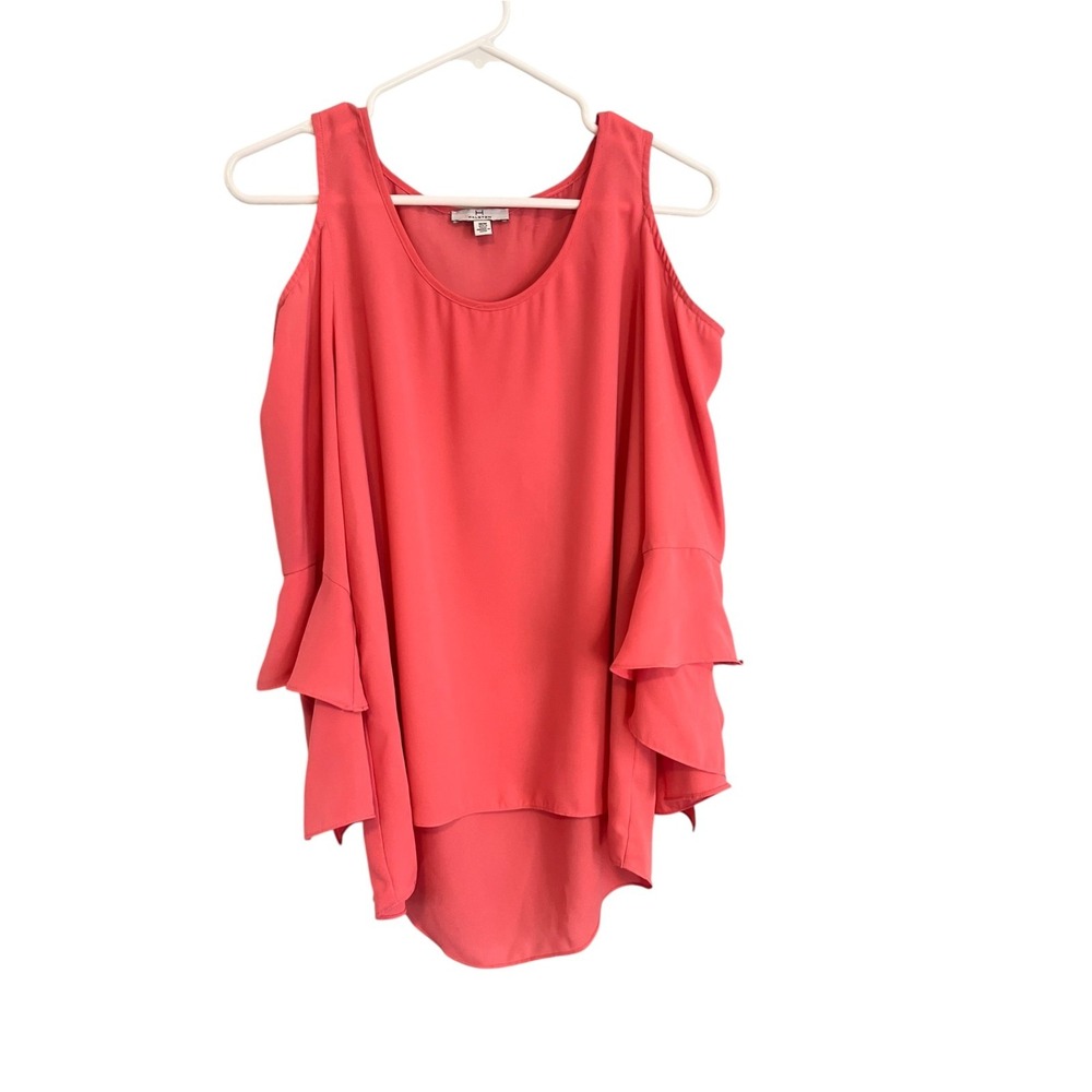 Halston Women's Cold Shoulder 3/4 Ruffle Sleeve Blouse Top Coral M